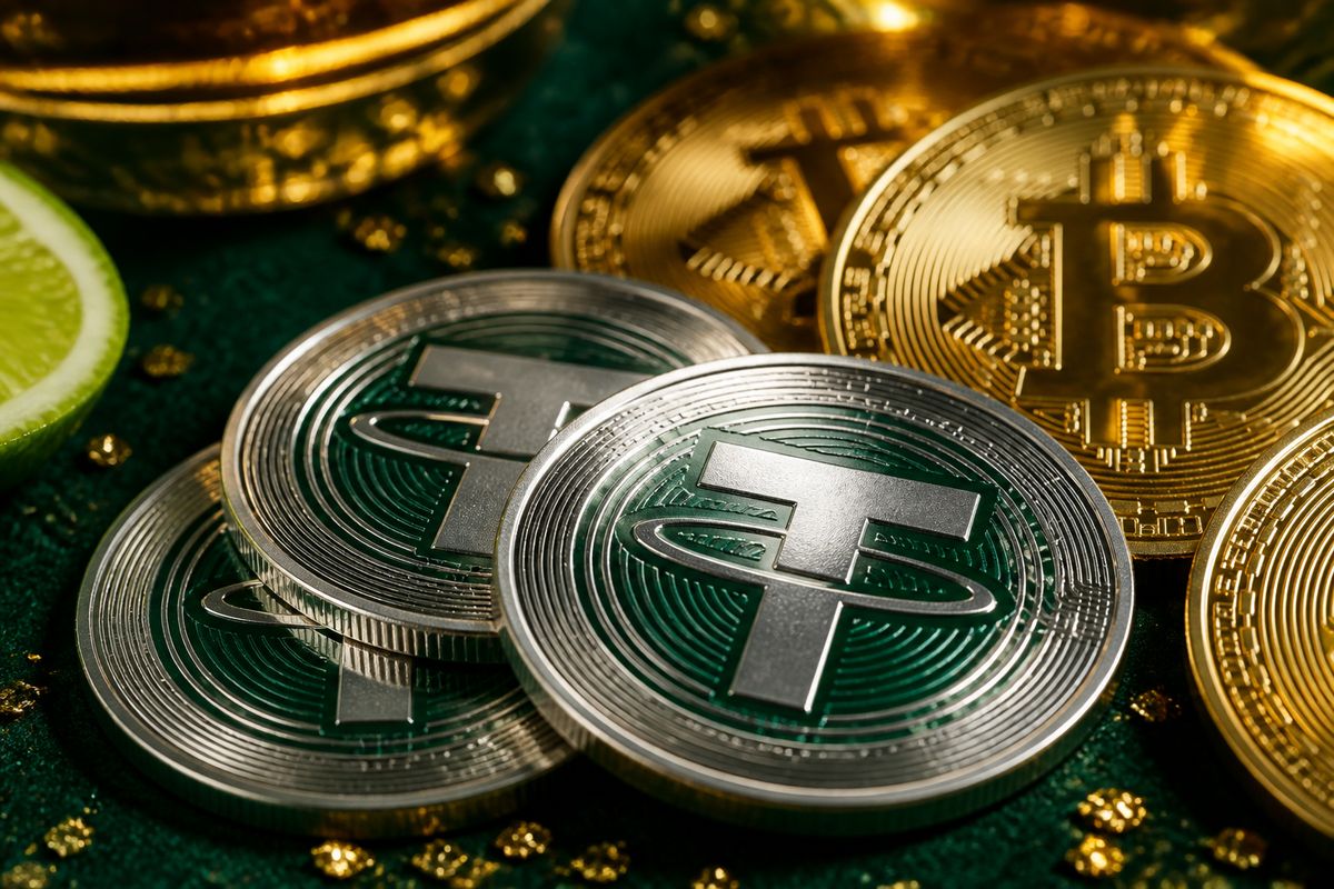 Moedas USDT e Bitcoin sobre feltro de cassino